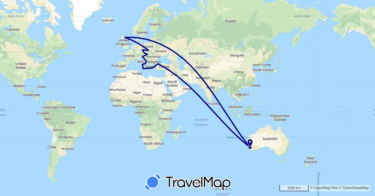 TravelMap itinerary: driving in Austria, Australia, Czech Republic, United Kingdom, Greece, Croatia, Hungary, Italy, Poland, Slovenia, Turkey (Asia, Europe, Oceania)